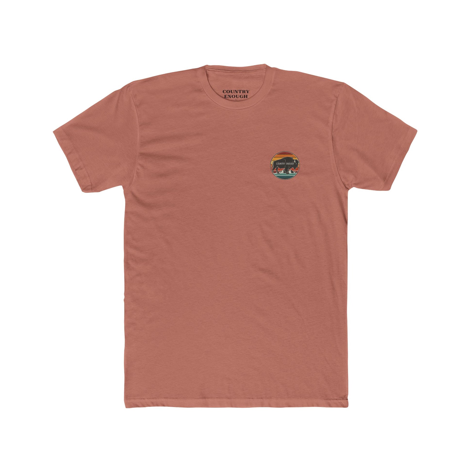 Desert Pink t-shirt with a bison, sunset and mountain landscape graphic #desertpink