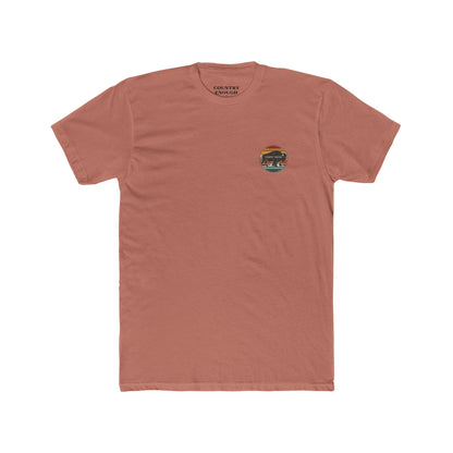 Desert Pink t-shirt with a bison, sunset and mountain landscape graphic #desertpink