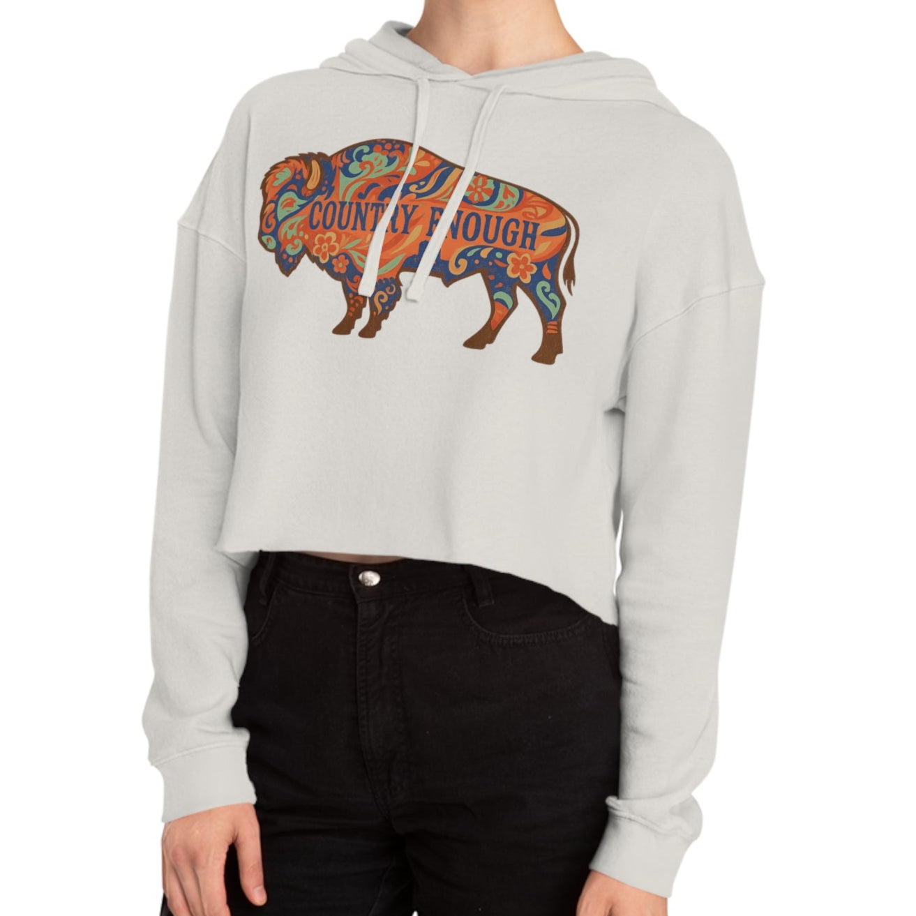 Bone crop hoodie with floral bison graphic and country enough text #bone