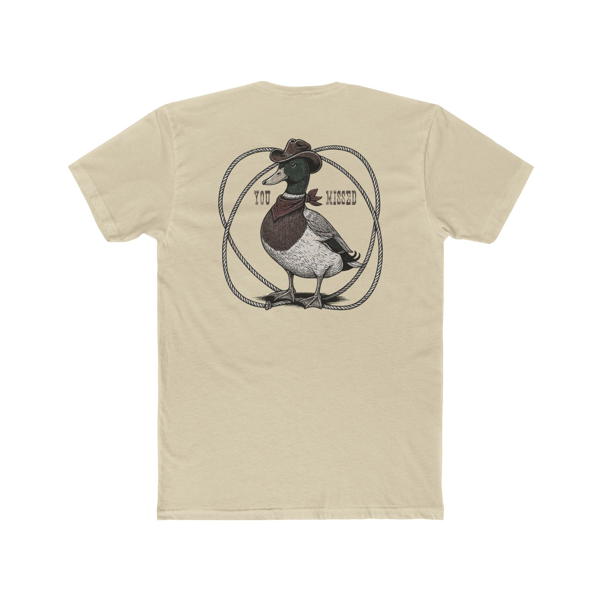 Cream t-shirt with a graphic of a duck wearing a cowboy hat and bandana with rope border and the words you missed #cream