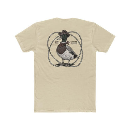 Cream t-shirt with a graphic of a duck wearing a cowboy hat and bandana with rope border and the words you missed #cream