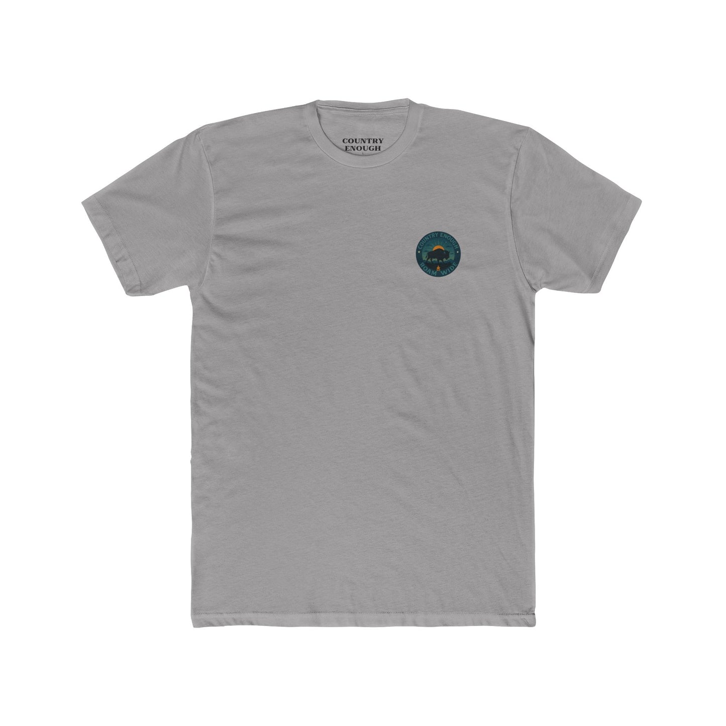 Gray T-Shirt with graphic of bison, sun, mountains, and the words roam wide #gray