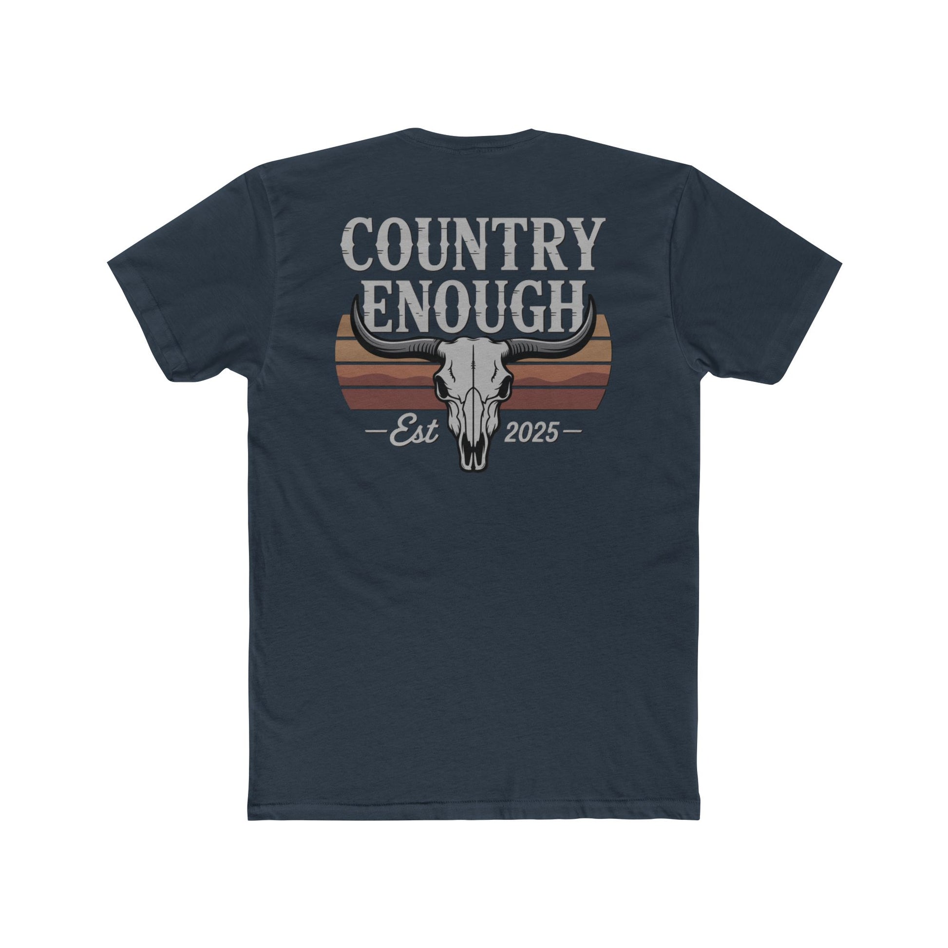 Indigo t-shirt with vintage retro graphic of a bull skull and words country enough EST 2025 #indigo