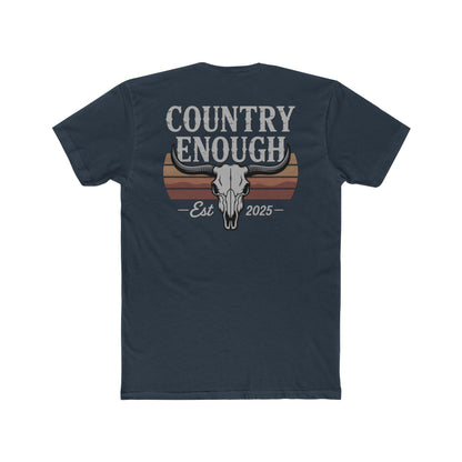 Indigo t-shirt with vintage retro graphic of a bull skull and words country enough EST 2025 #indigo
