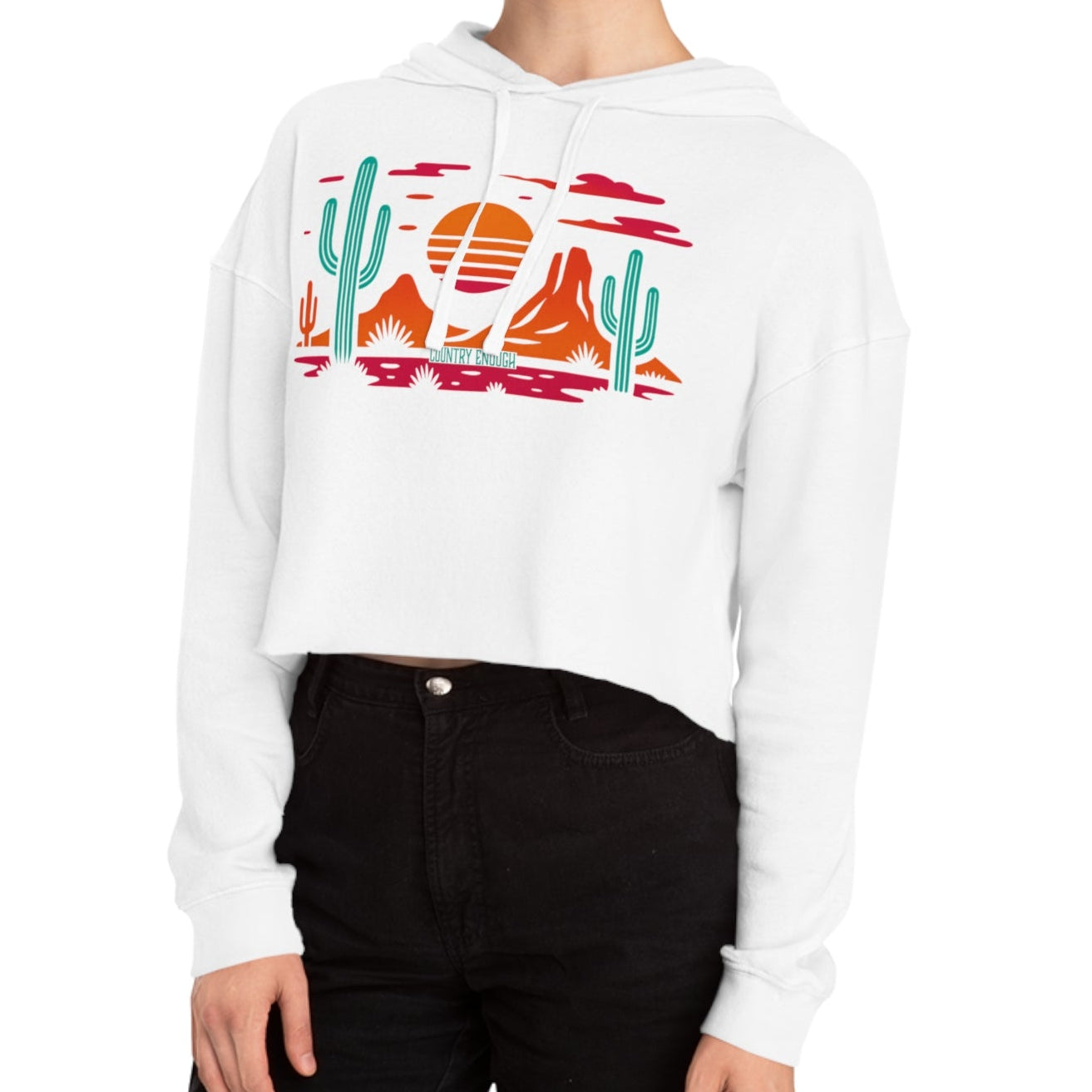 White hoodie with a vibrant Southwestern landscape, cacti & mountains graphic #white