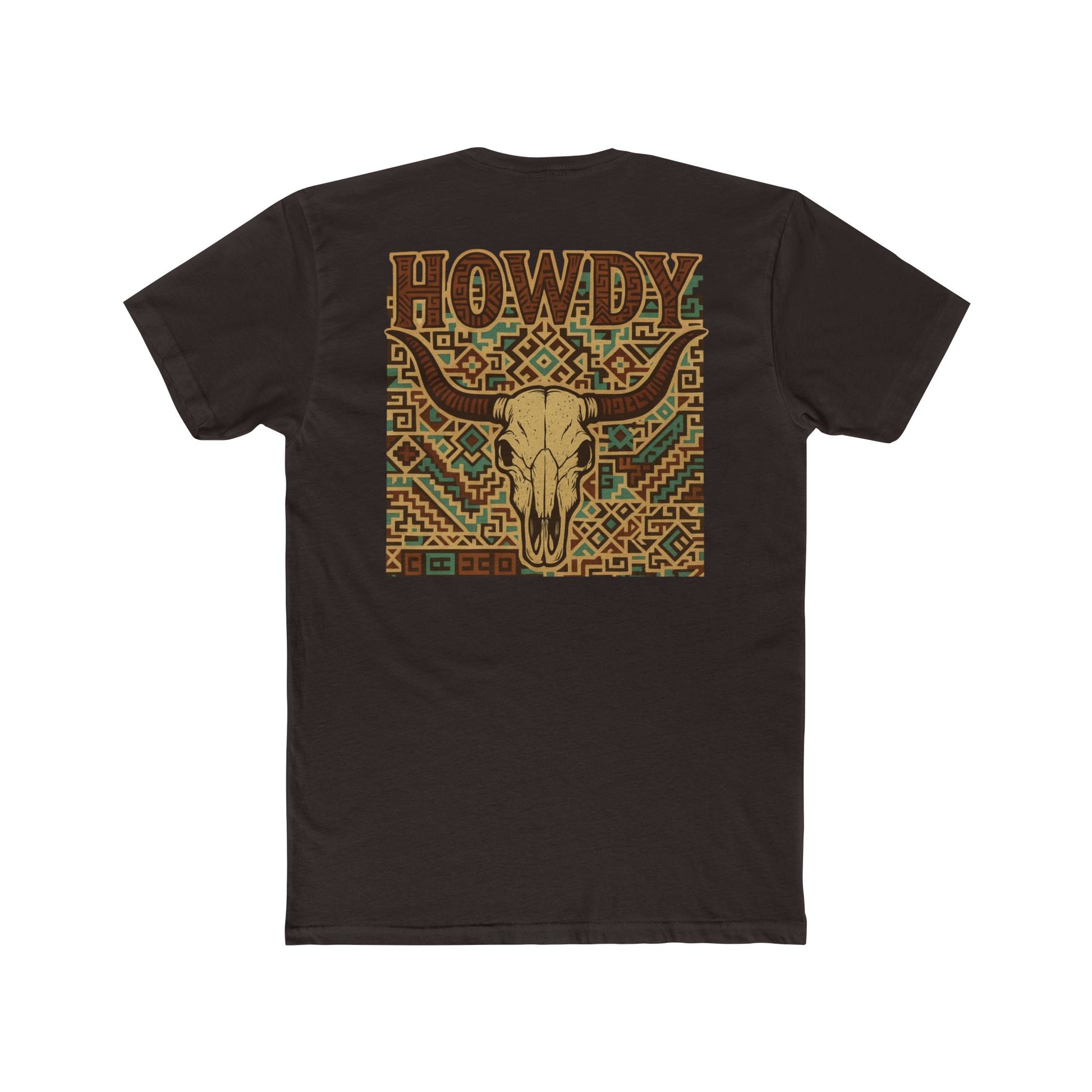 Dark Brown t-shirt with graphic of aztec patter, bull skull, and the word howdy across the top #darkbrown