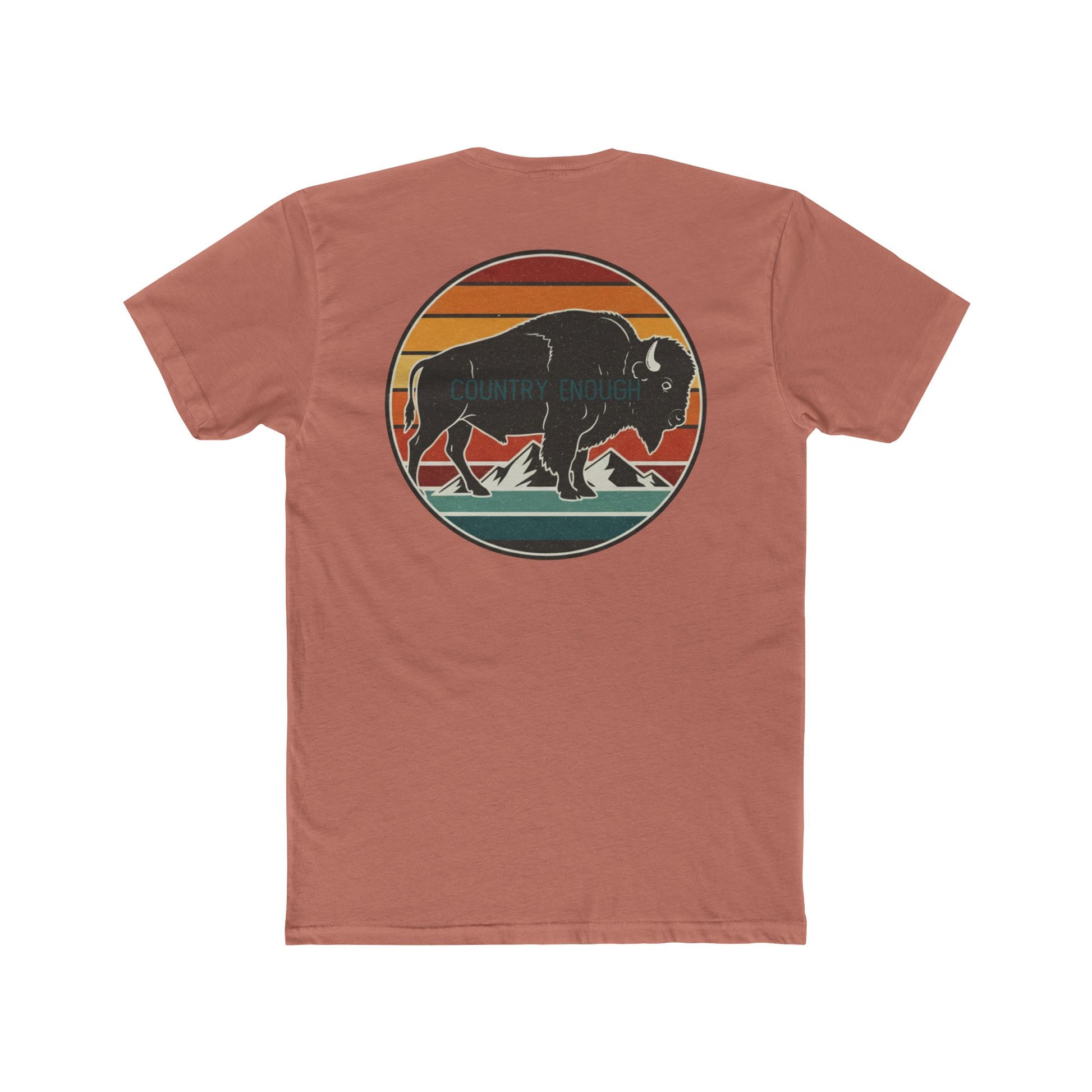 Desert Pink t-shirt with a bison, sunset and mountain landscape graphic #desertpink