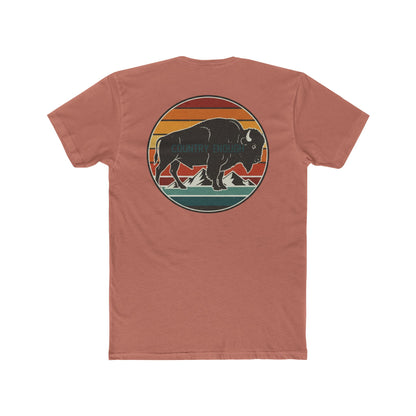 Desert Pink t-shirt with a bison, sunset and mountain landscape graphic #desertpink