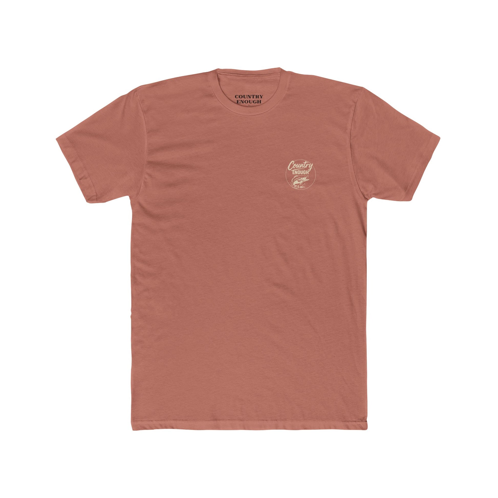 Desert Pink t-shirt with graphic of a leaping bass and the words country enough #desertpink