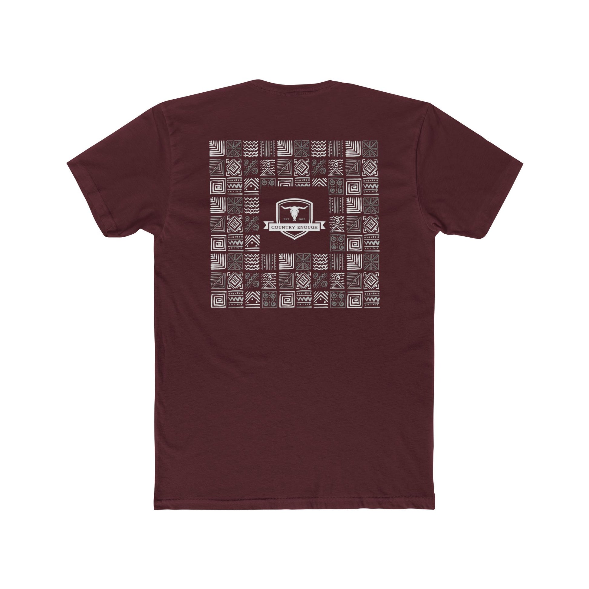 Maroon t-shirt with graphic of aztec patterns arranged in a square with country enough logo in the center #maroon