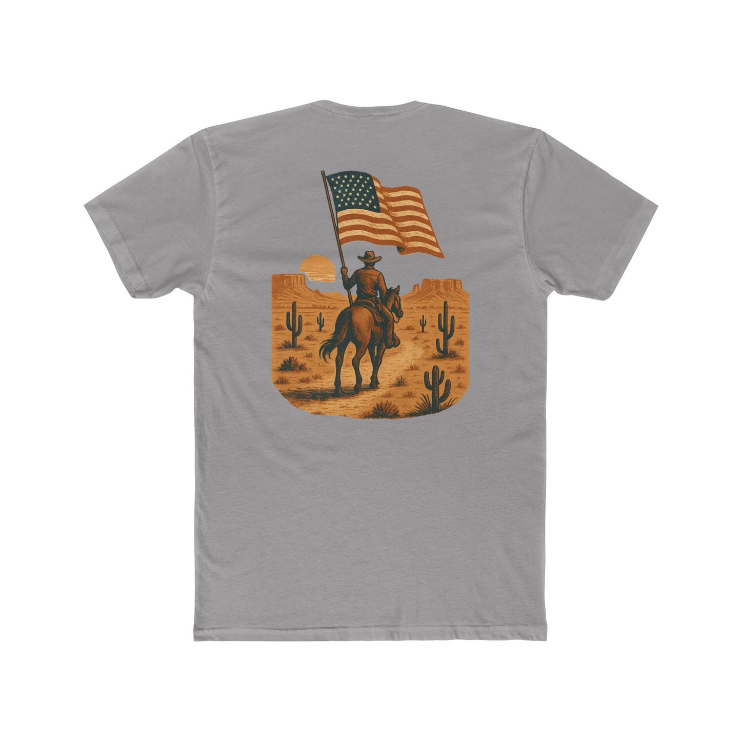 Gray t-shirt with graphic of western horse and rider holding the American flag in the desert with cacti at sunset #gray