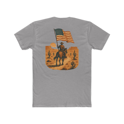 Gray t-shirt with graphic of western horse and rider holding the American flag in the desert with cacti at sunset #gray