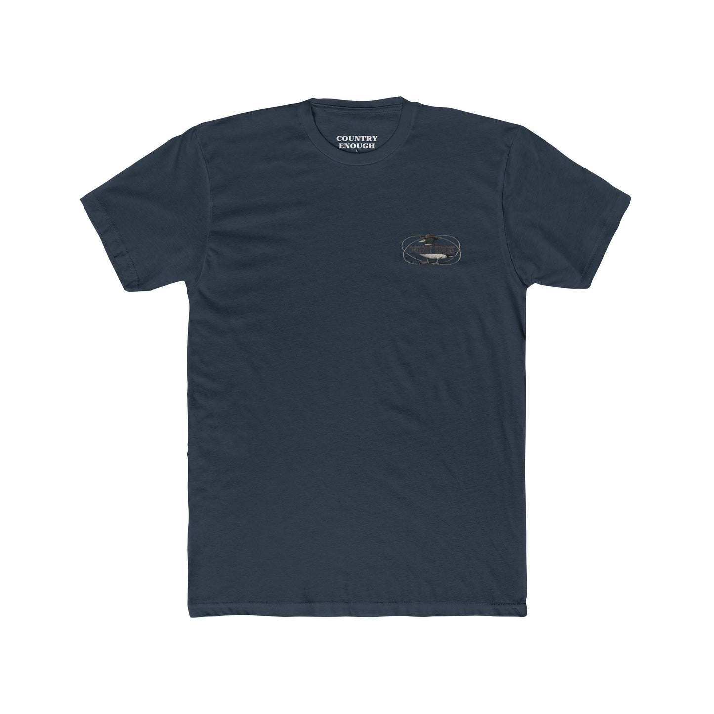Indigo t-shirt with a graphic of a duck wearing a cowboy hat and bandana with rope border and the words you missed #indigo