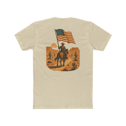Cream t-shirt with graphic of western horse and rider holding the American flag in the desert with cacti at sunset #cream