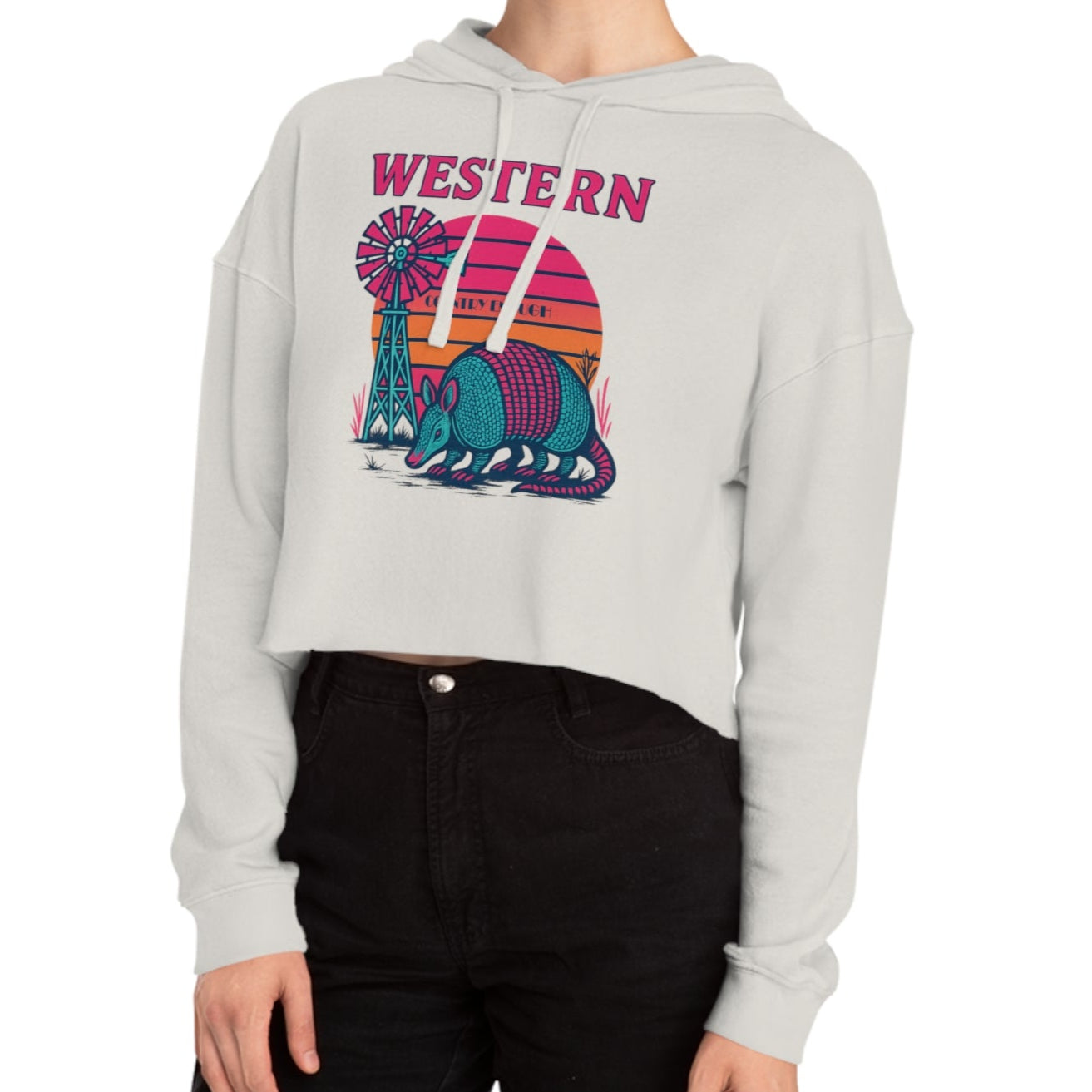 Bone crop hoodie with graphic featuring a sun, windmill, and armadillo. #bone