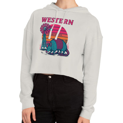 Bone crop hoodie with graphic featuring a sun, windmill, and armadillo. #bone