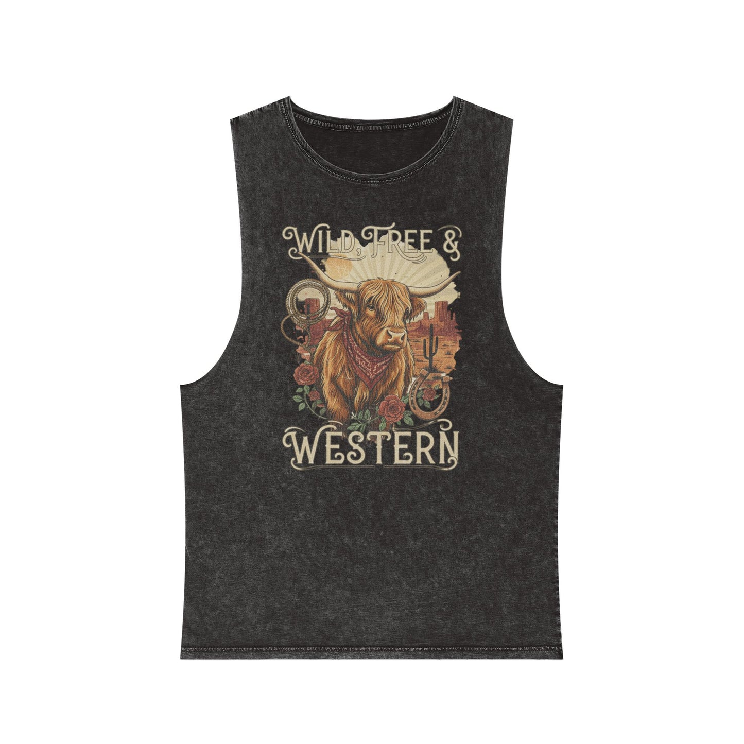 Black Stone distressed wash tank top with a highland cow, desert landscape graphic #blackstone