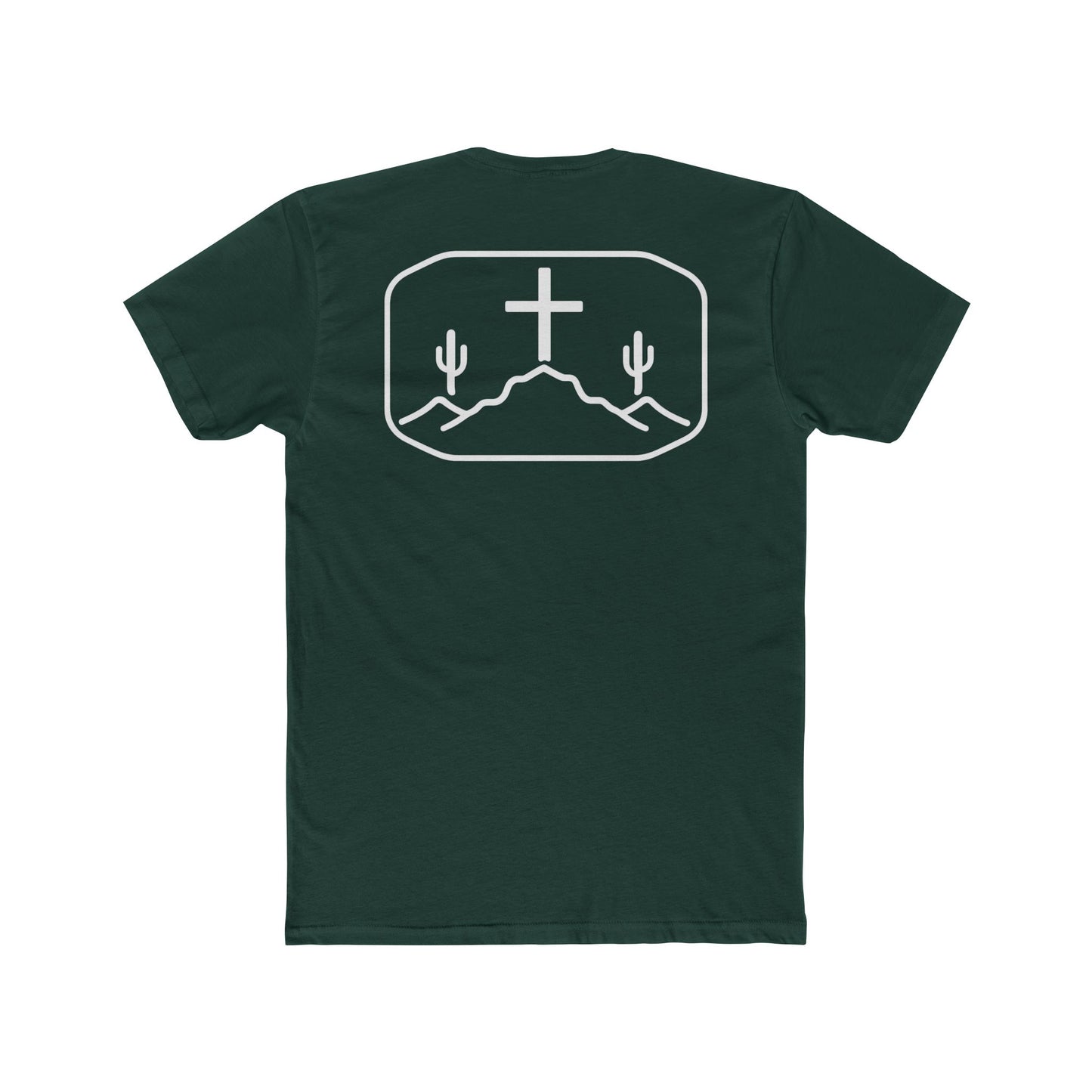 Forest Green t-shirt with cross, cacti, and mountains graphic #forestgreen