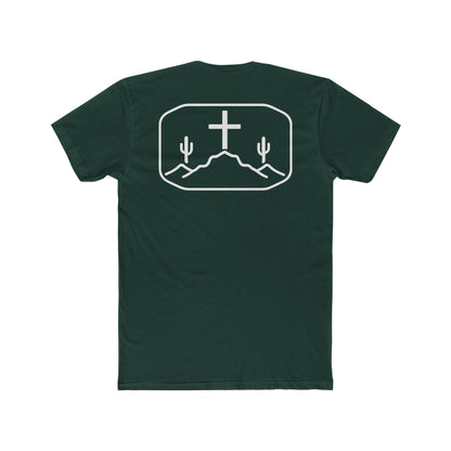 Forest Green t-shirt with cross, cacti, and mountains graphic #forestgreen