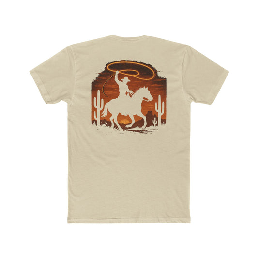 Cream t-shirt with graphic of a cowboy twirling his lasso on a desert landscape at sundown #cream
