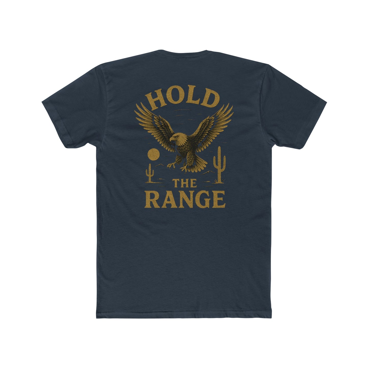 Indigo t-shirt with graphic of an eagle, desert landscape, and the words hold the range #indigo