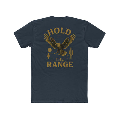 Indigo t-shirt with graphic of an eagle, desert landscape, and the words hold the range #indigo