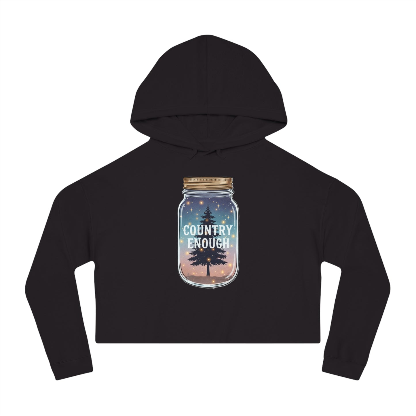 Black crop hoodie with mason jar, pine trees, and stars graphic #black