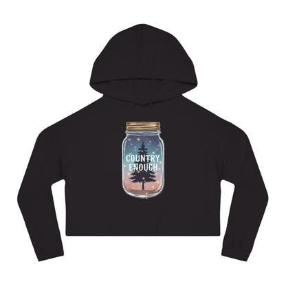 Black crop hoodie with mason jar, pine trees, and stars graphic #black