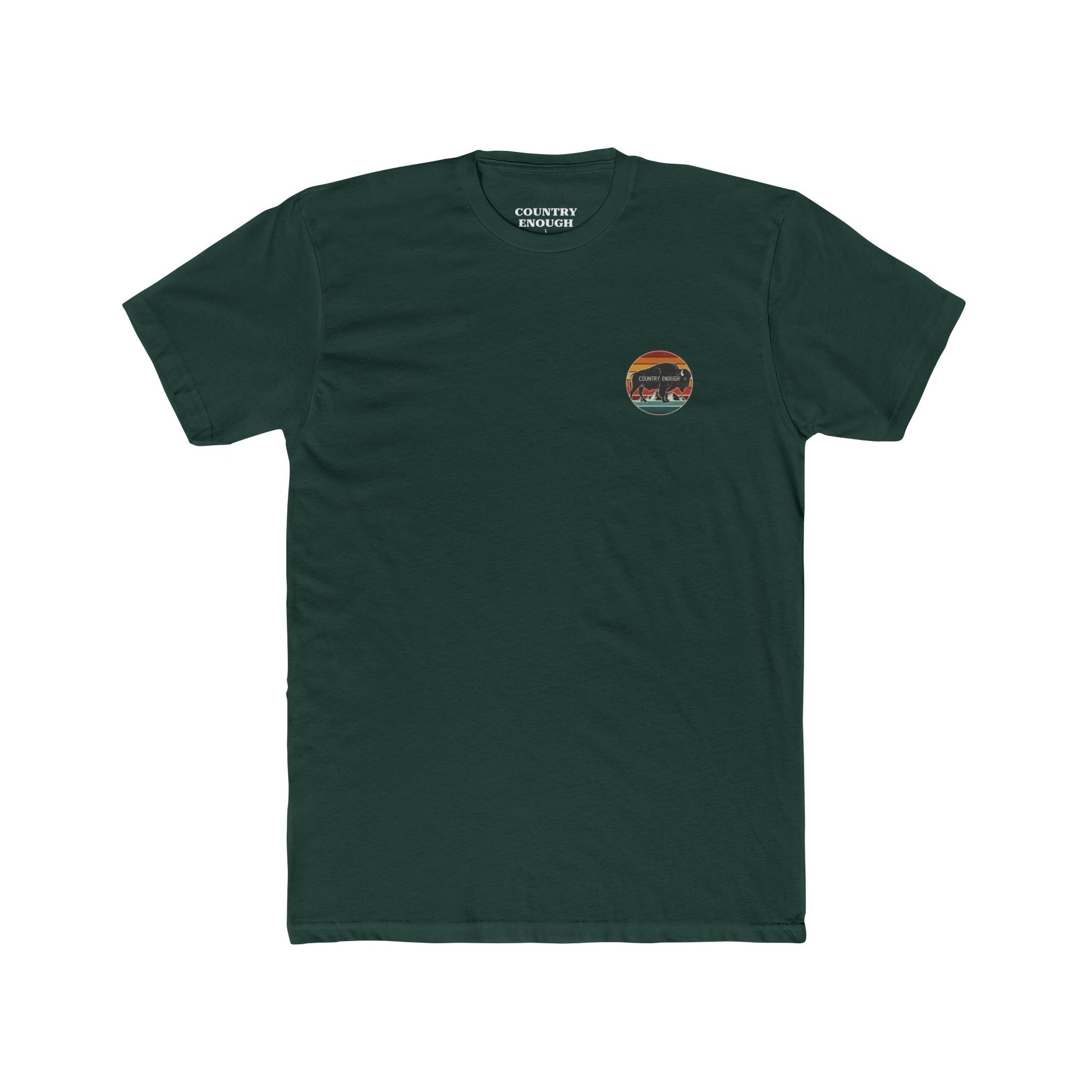 Forest green t-shirt with a bison, sunset and mountain landscape graphic #forestgreen