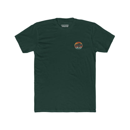 Forest green t-shirt with a bison, sunset and mountain landscape graphic #forestgreen