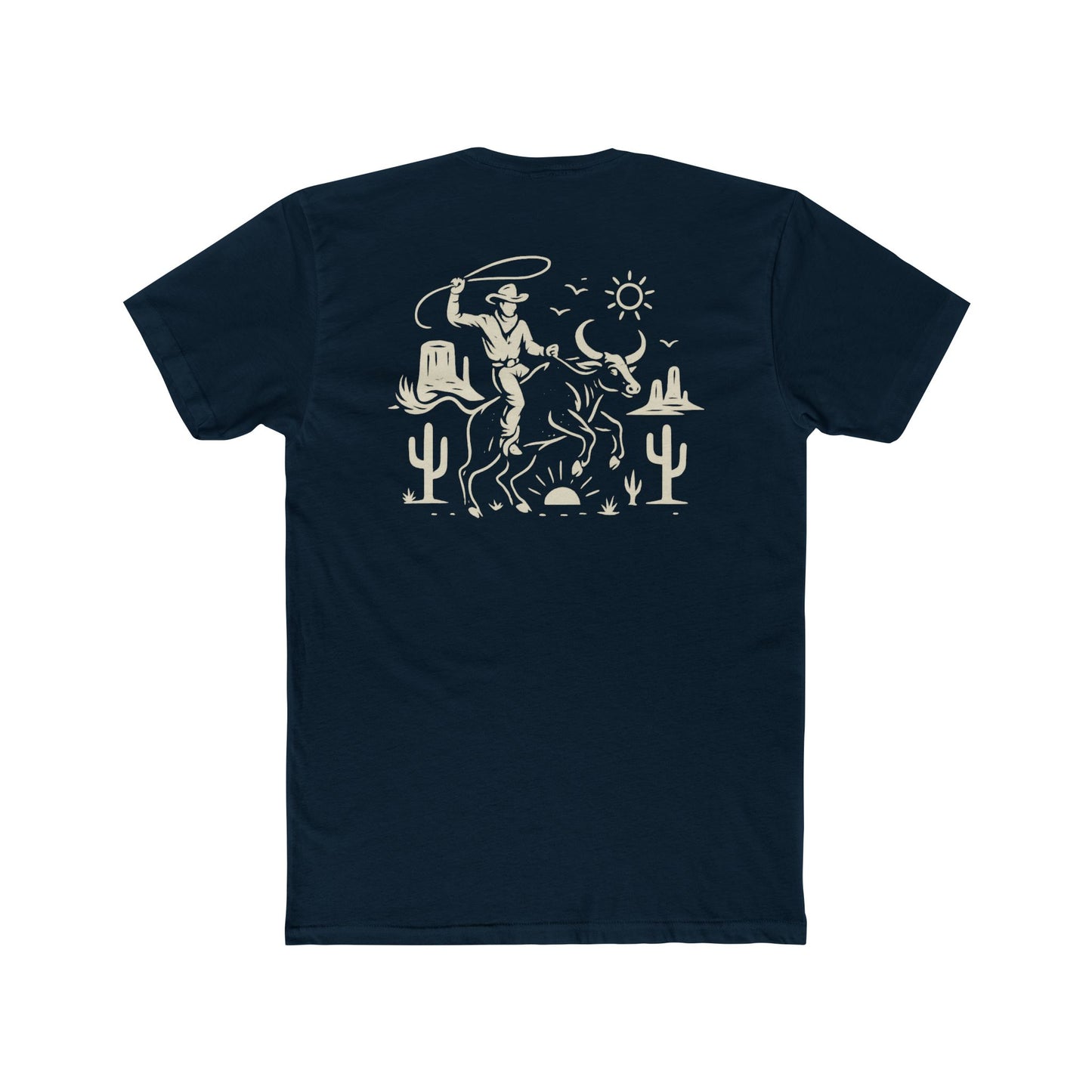 Midnight Navy t-shirt with graphic of a cowboy lassoing on top of a bull in a desert landscape #midnightnavy