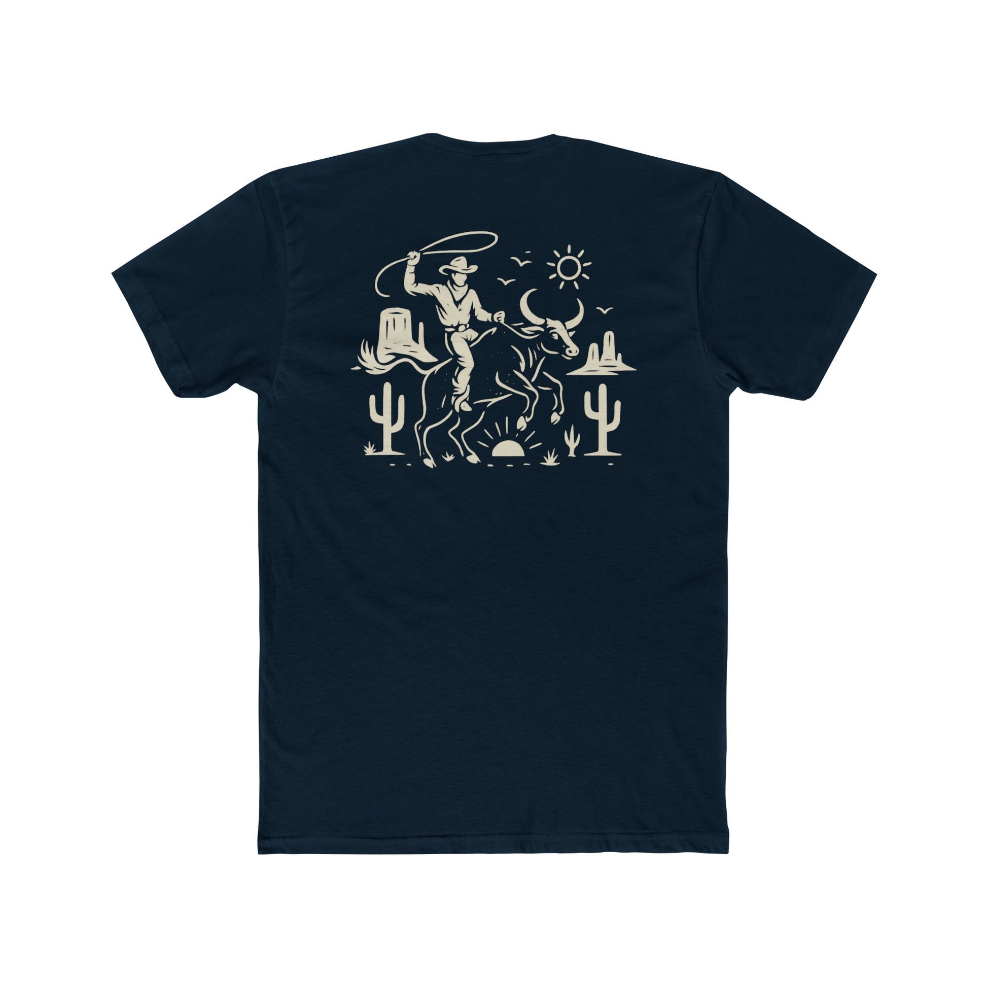 Midnight Navy t-shirt with graphic of a cowboy lassoing on top of a bull in a desert landscape #midnightnavy