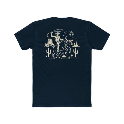 Midnight Navy t-shirt with graphic of a cowboy lassoing on top of a bull in a desert landscape #midnightnavy
