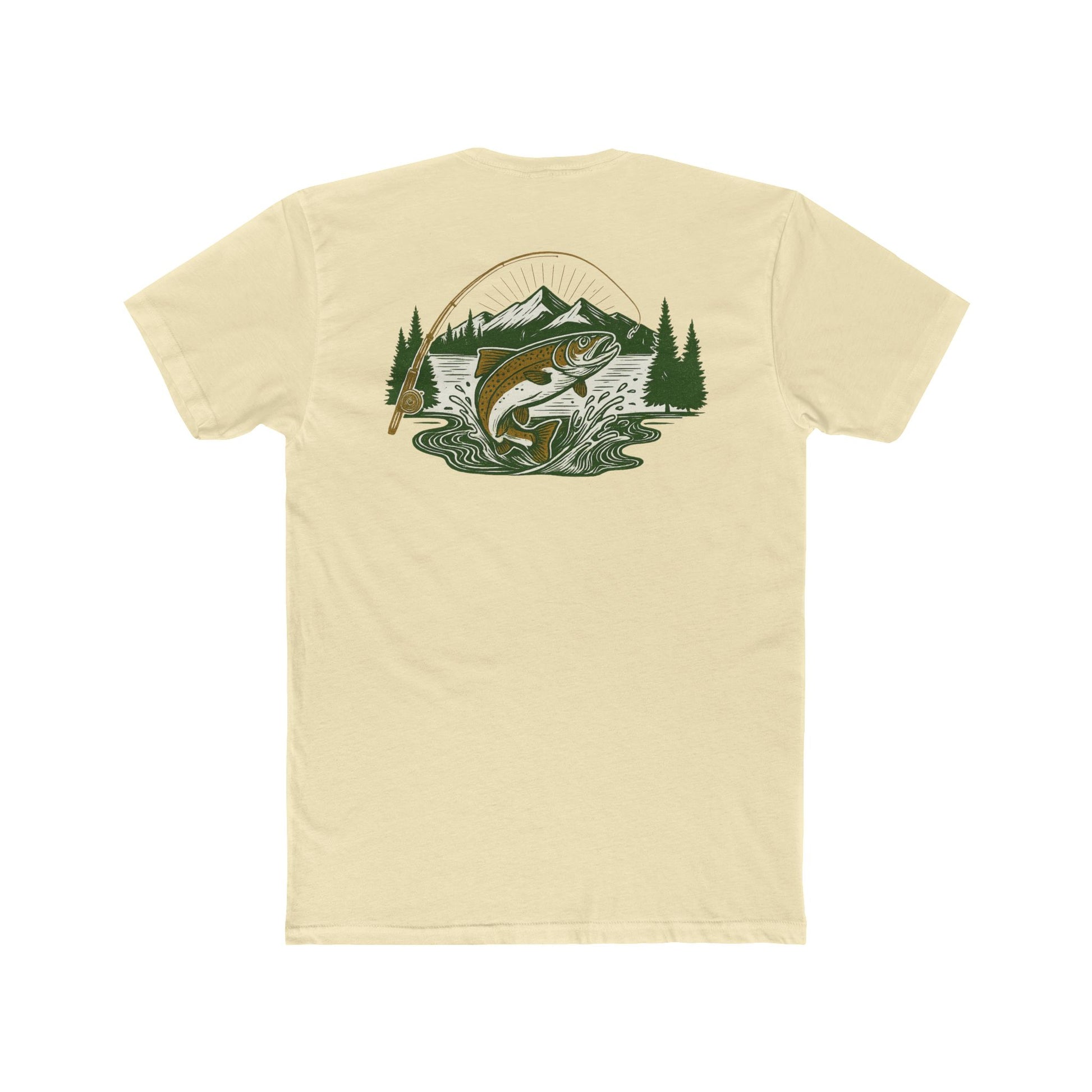 Solid Natural t-shirt with a trout, mountains, trees and water graphic #solidnatural