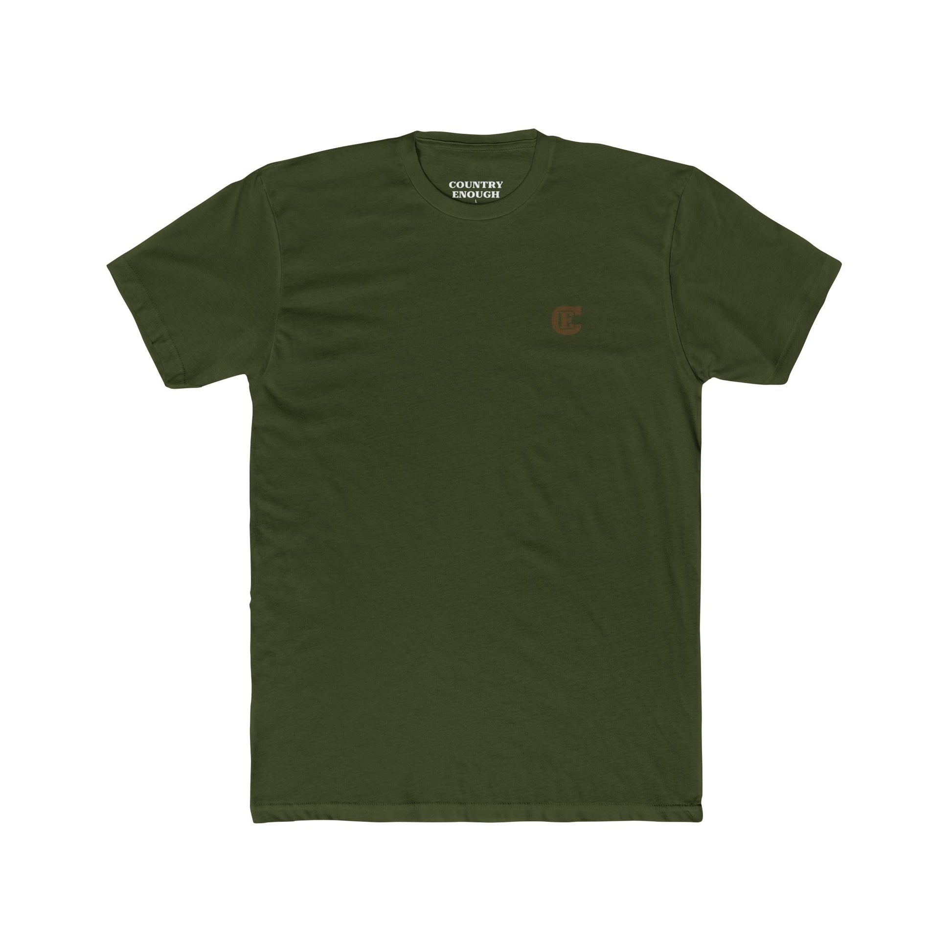 Military green t-shirt with graphic of bronc rider over mountains and sun with the words get western #militarygreen