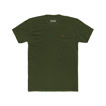 Military green t-shirt with graphic of bronc rider over mountains and sun with the words get western #militarygreen