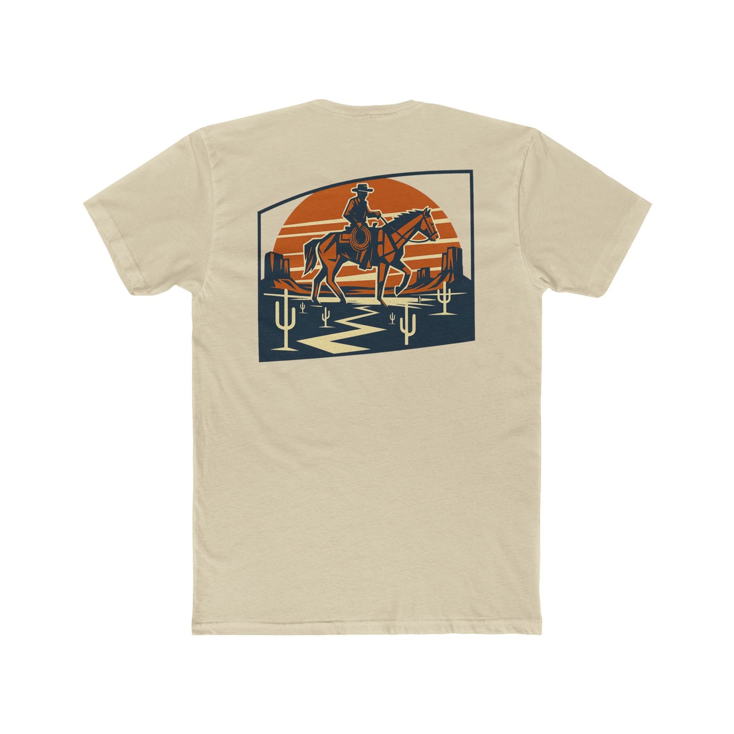 Cream t-shirt with graphic design containing horse and rider, desert, mountains, and cactus #cream