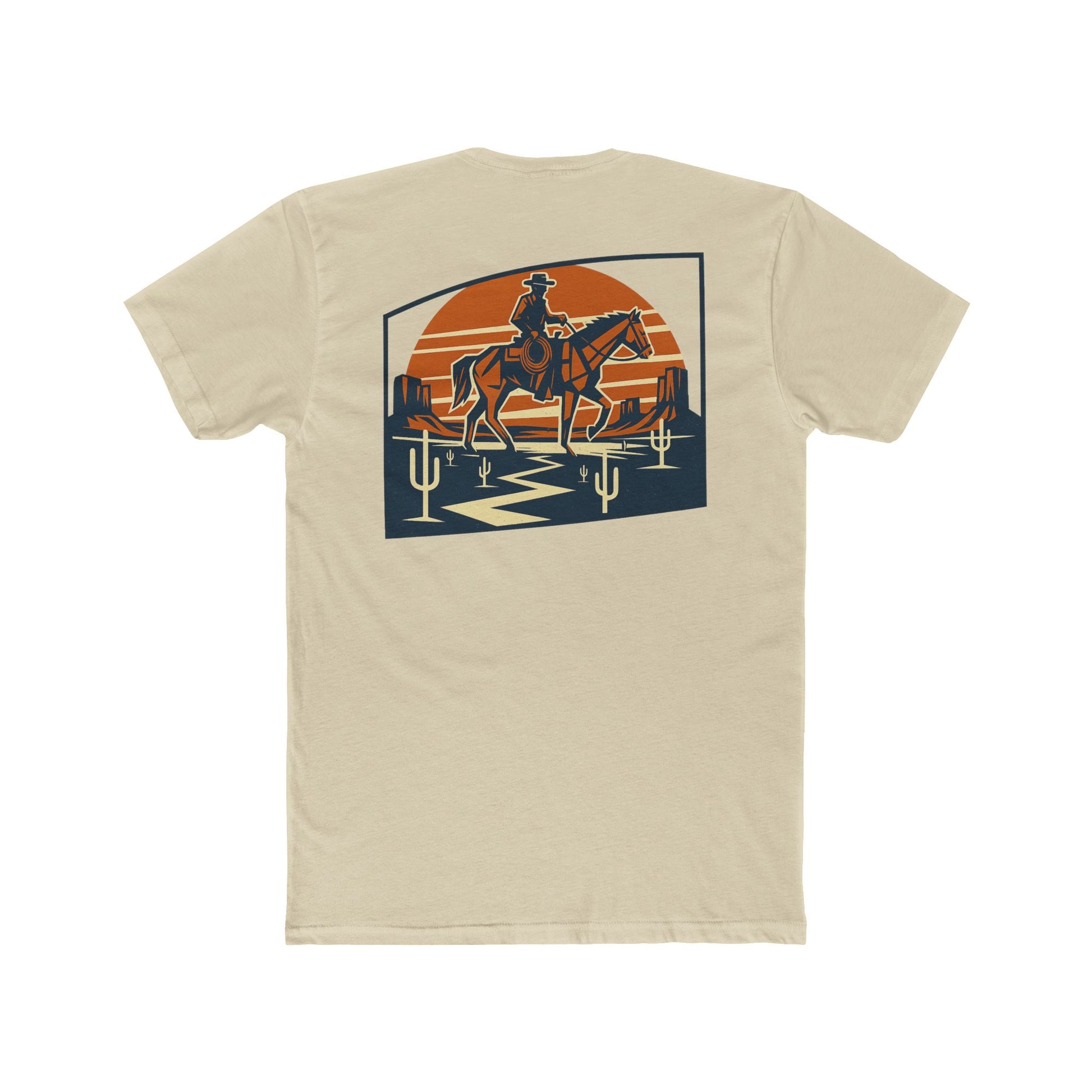 Cream t-shirt with graphic design containing horse and rider, desert, mountains, and cactus #cream