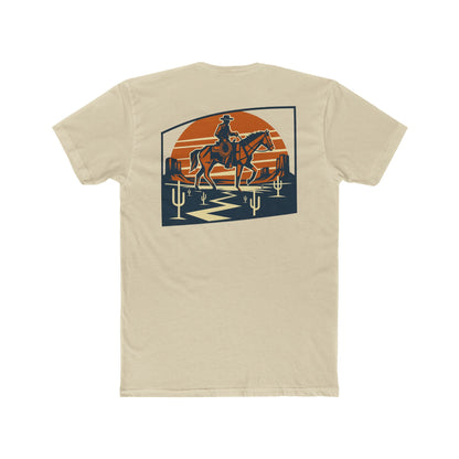 Cream t-shirt with graphic design containing horse and rider, desert, mountains, and cactus #cream