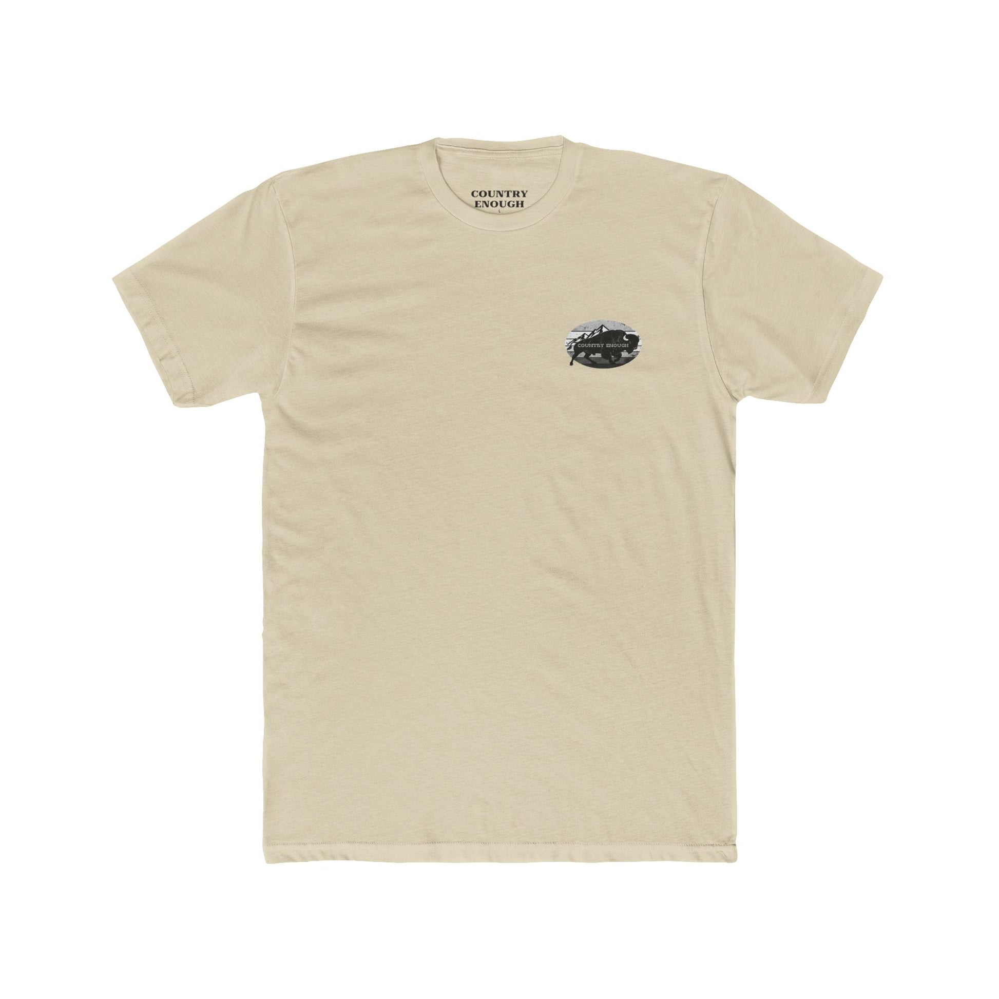 Cream t-shirt with a black and gray graphic of a bison and mountains #cream
