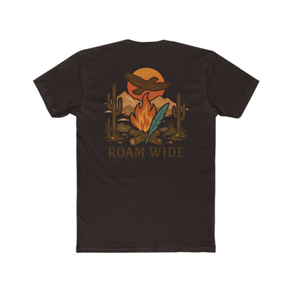 Dark Brown t-shirt with graphic of a campfire, bird, sun, cacti, and mountains in the desert with the words roam wide #darkbrown