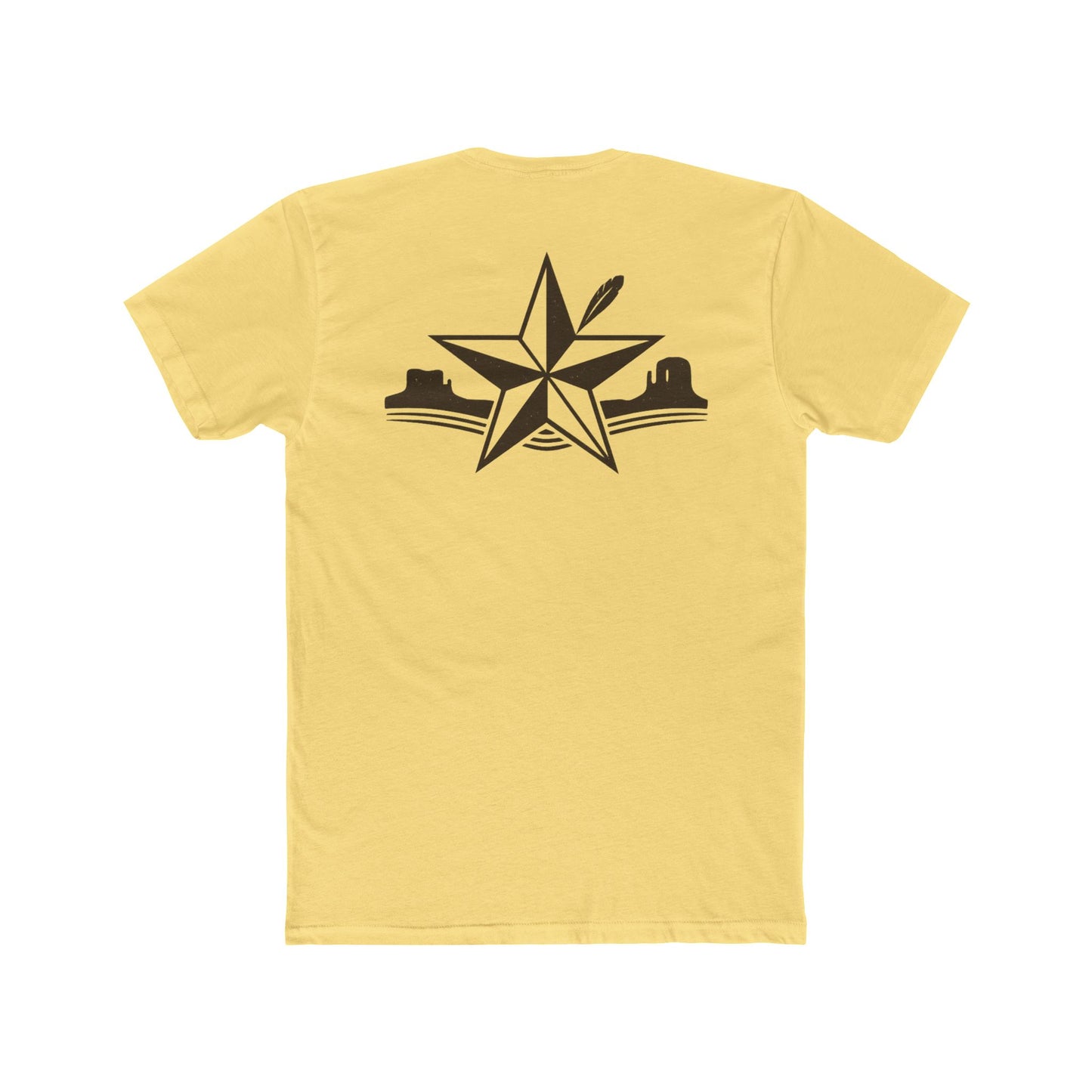 Yellow t-shirt with star, feather, and mountain graphic design #yellow