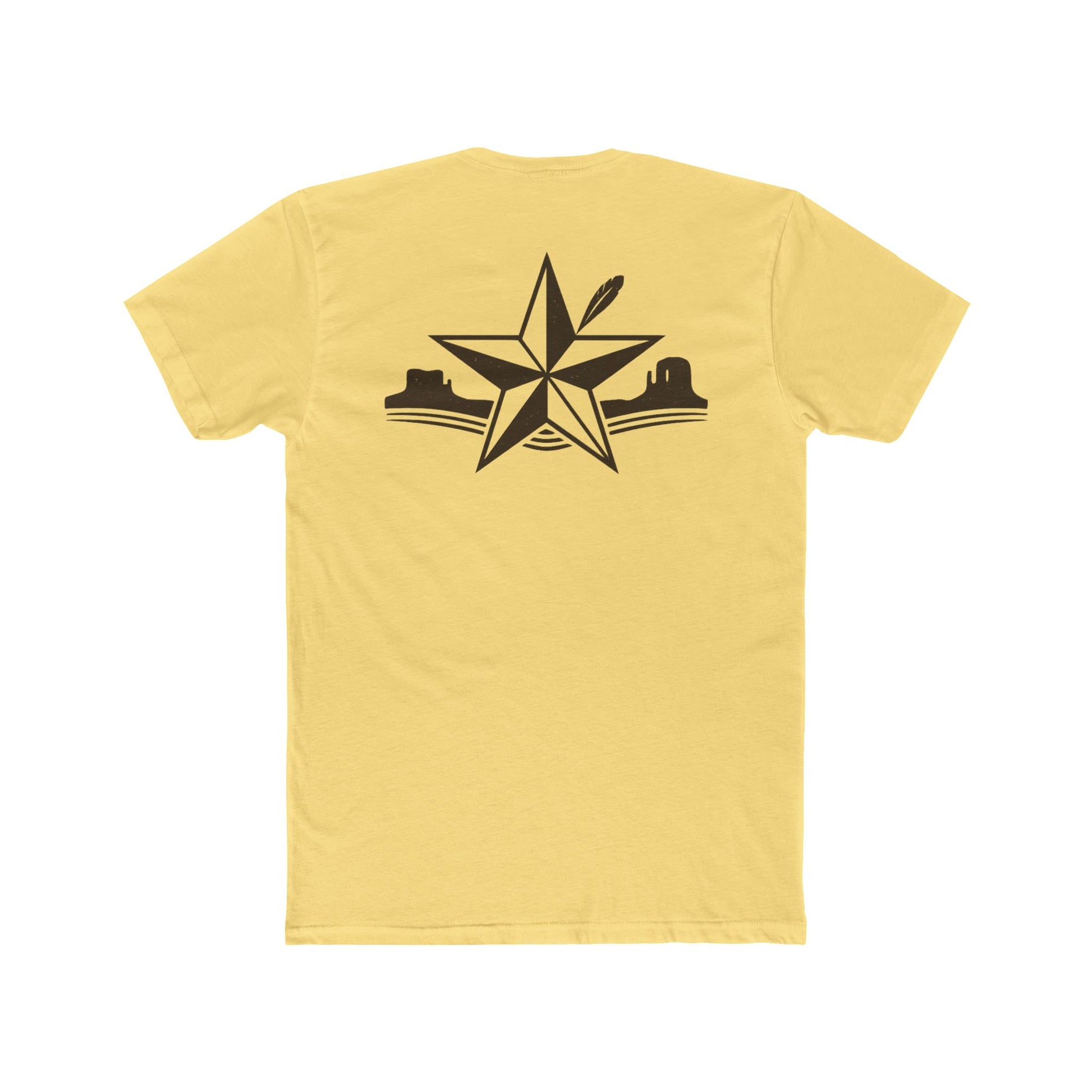 Yellow t-shirt with star, feather, and mountain graphic design #yellow