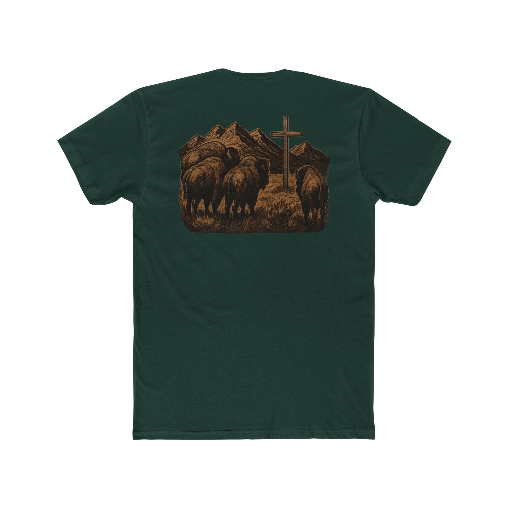 Forest Green t-shirt with bison staring at a cross on the plains by the mountains #forestgreen