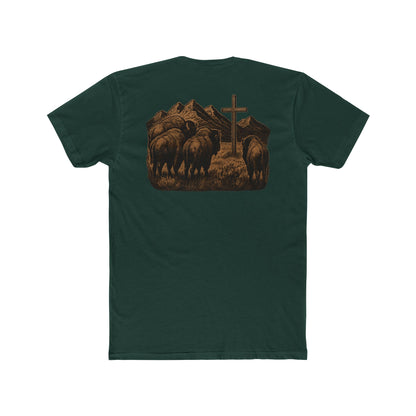Forest Green t-shirt with bison staring at a cross on the plains by the mountains #forestgreen