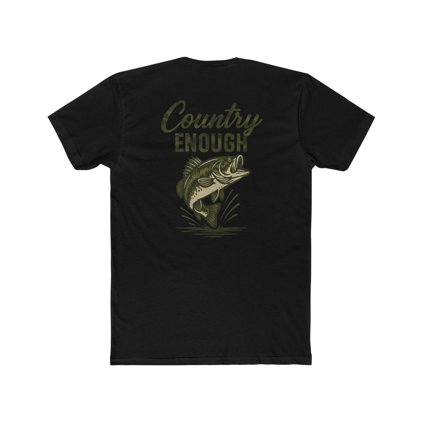 Black t-shirt with graphic of a bass and the words country enough #black