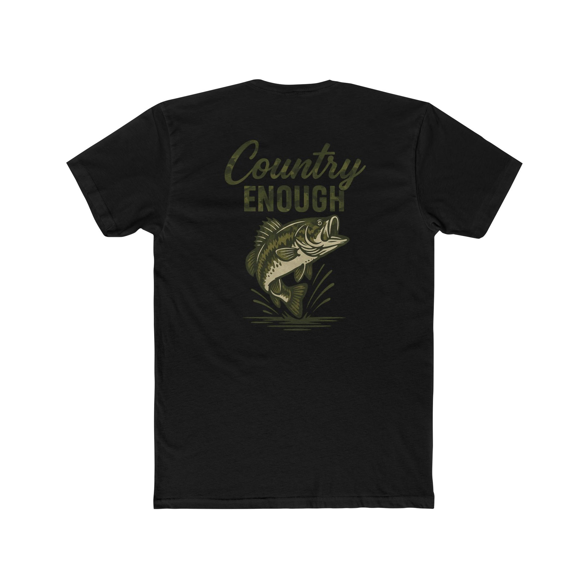 Black t-shirt with graphic of a bass and the words country enough #black