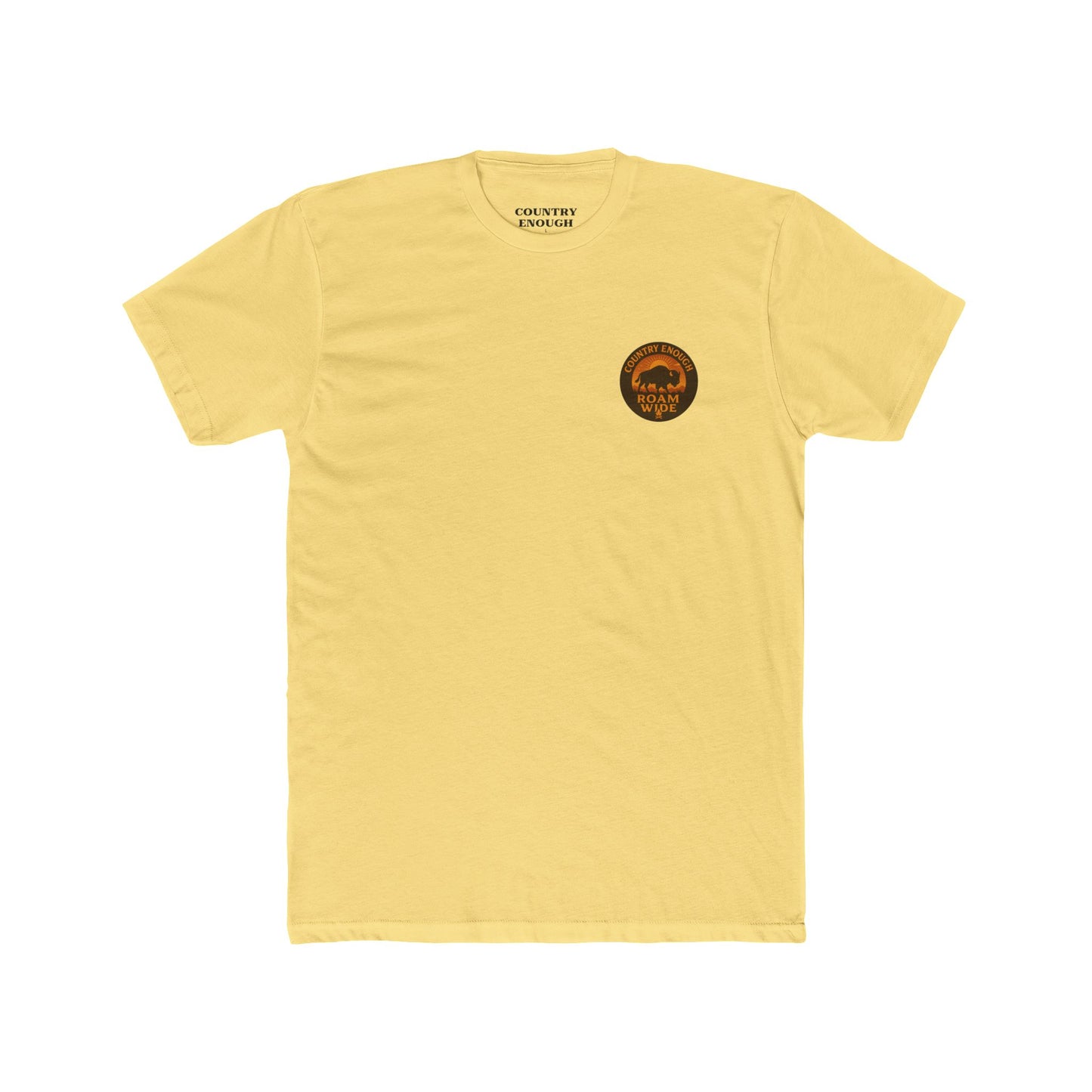 Yellow t-shirt with circular graphic with a bison, mountains, campfire, sun shining, and the words roam wide #yellow
