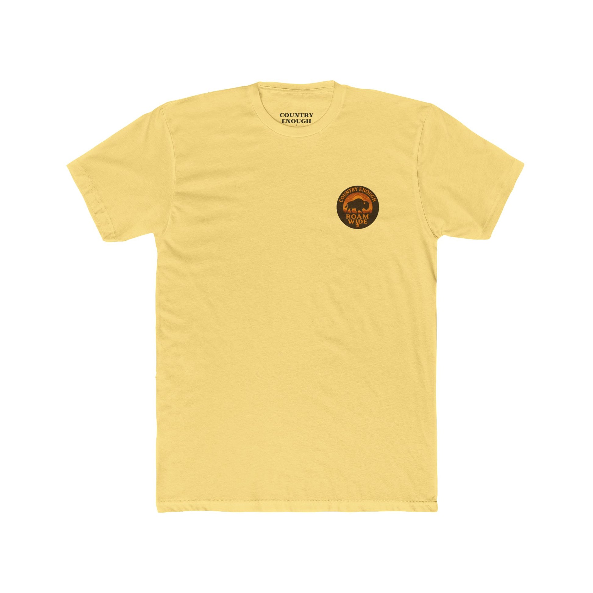 Yellow t-shirt with circular graphic with a bison, mountains, campfire, sun shining, and the words roam wide #yellow