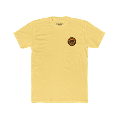 Yellow t-shirt with circular graphic with a bison, mountains, campfire, sun shining, and the words roam wide #yellow